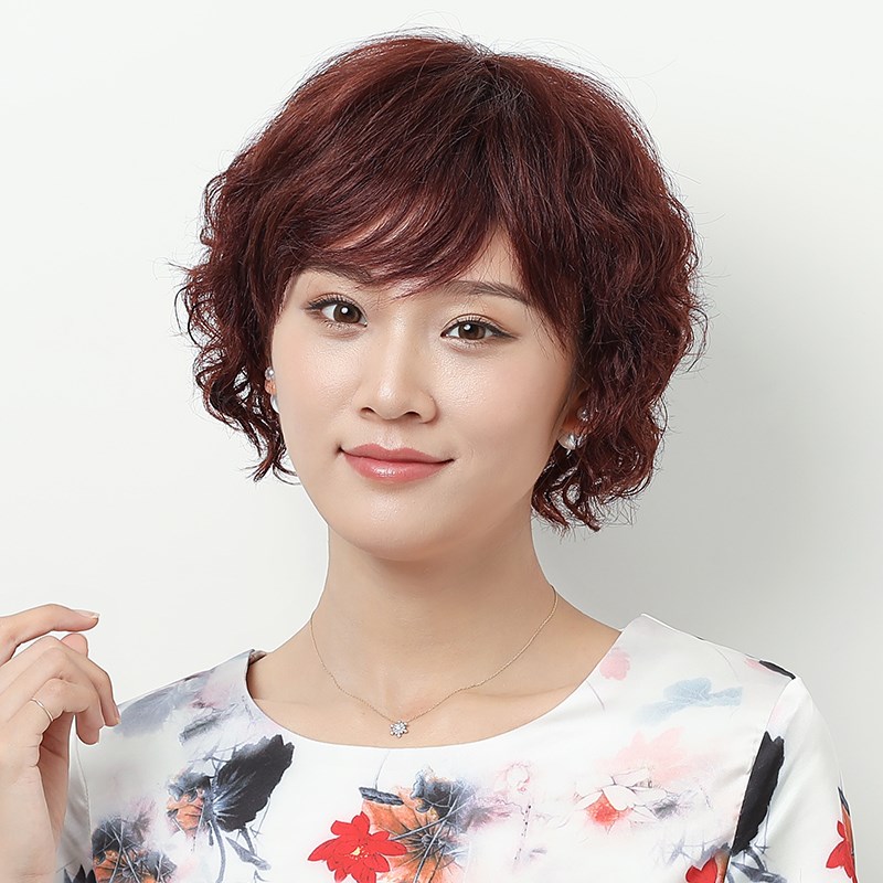 中老年假发女短发妈妈短卷发真人发丝自然圆脸时尚全头套式假头发