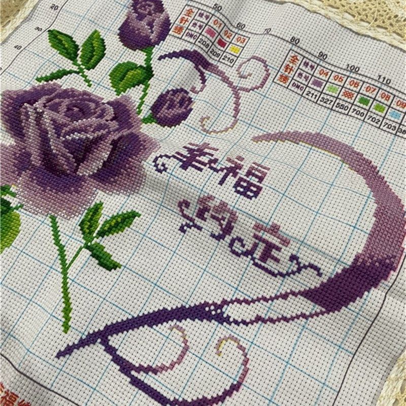 纯手工十字绣成品抱枕套汽车枕靠枕对枕结婚一生一世爱情玫瑰紫色
