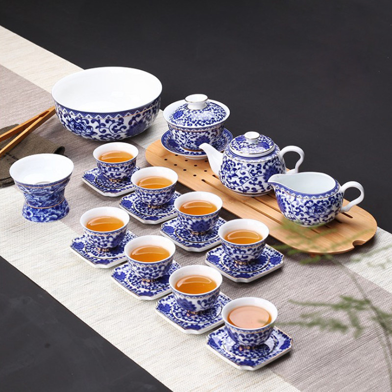 青花瓷盖碗功夫茶具套装小套办公室家用客厅茶艺陶瓷普洱喝茶茶杯