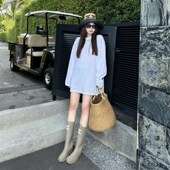 打底衫 tingtings 防晒长t上衣 新款 宽松长款 休闲白色t恤女长袖 夏季