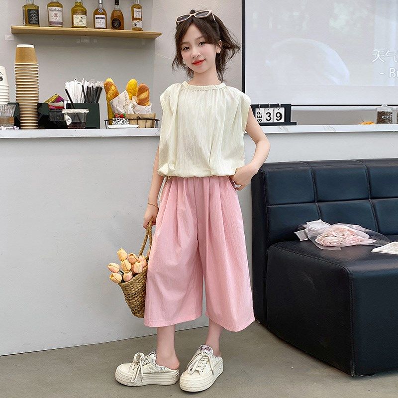 女童夏装套装2024新款夏季儿童阔腿裤薄款外穿女孩大童装七分裤子