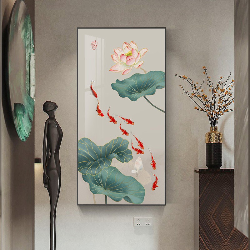 荷花叶九鱼图玄关装饰画莲花新中式九尾锂鱼聚财竖版防水晶壁挂画