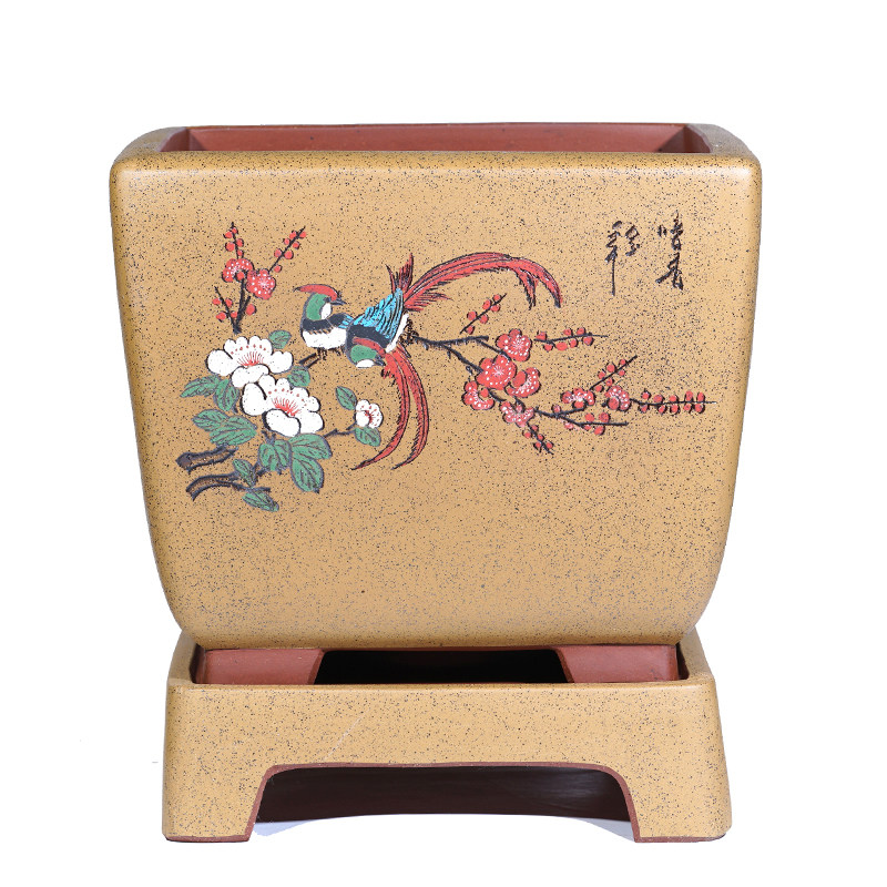 宜兴紫砂花盆兰花盆手工点彩高四方花盆带托盘君子兰盆栽陶瓷花盆