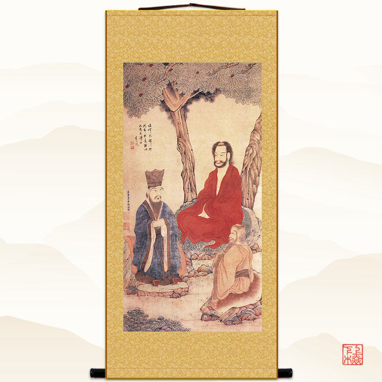 丁云鹏三教图画像 儒释道挂画 释迦牟尼孔子老子丝绸装饰画卷轴画