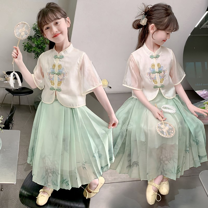 湖州织里2024女童汉服套装夏季薄款女孩新中式裙子古装改良演出服