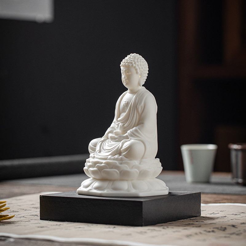 陶瓷如来佛像摆件释迦摩尼家用客厅坐莲花座供奉西方三圣桌面摆设