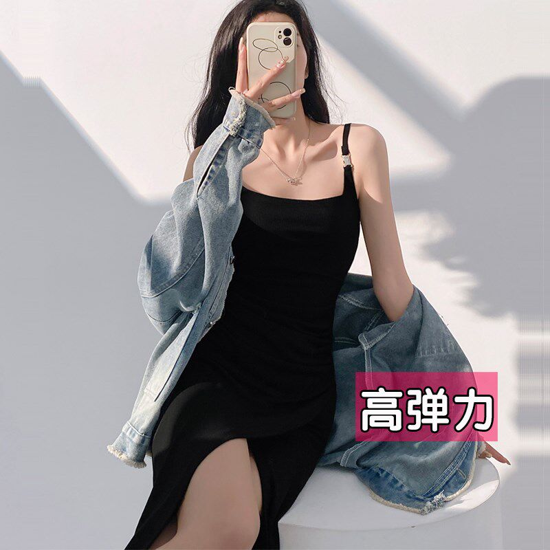大码针织吊带连衣裙女2024新款裙子胖mm显瘦包臀性感开叉长裙夏季