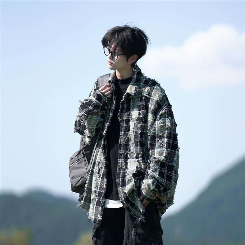 破洞格子衬衫男长袖春季新款男士休闲高级感小众春秋男生衬衣外套