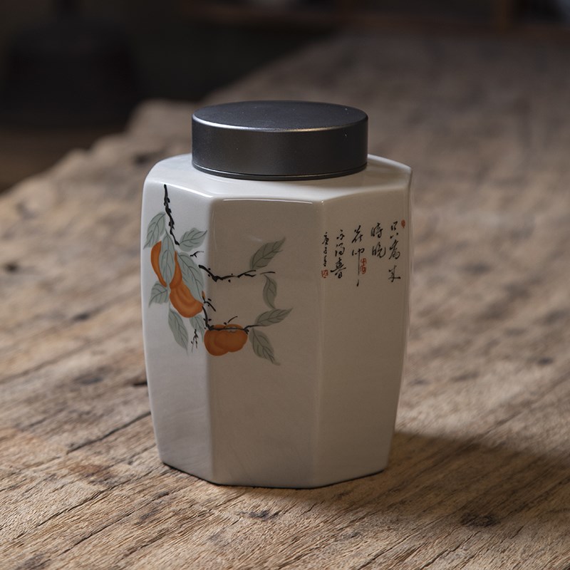 寒舍复古陶瓷茶叶罐草木灰蜜色釉八角罐家用防潮存储密封罐礼盒装