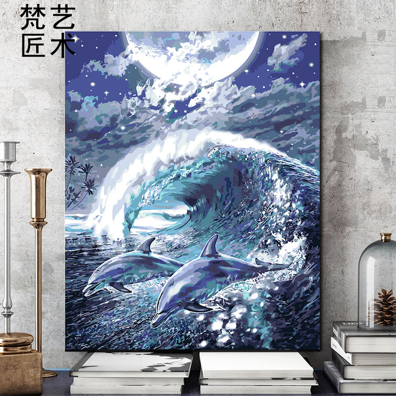 diy数字油画 人物客厅风景抽象定制手工填色减压涂鸦装饰画 海豚