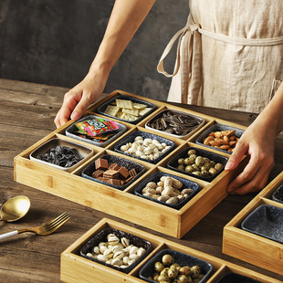创意竹木九宫格餐具碟子火锅店菜盘分格餐盘托盘烤肉盘子拼盘木盒