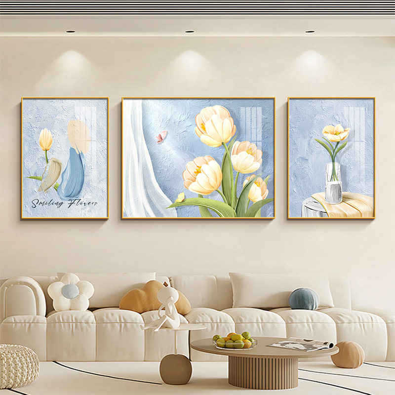 郁金香奶油风客厅墙上装饰画温馨治愈系花卉三联画沙发背景墙挂画