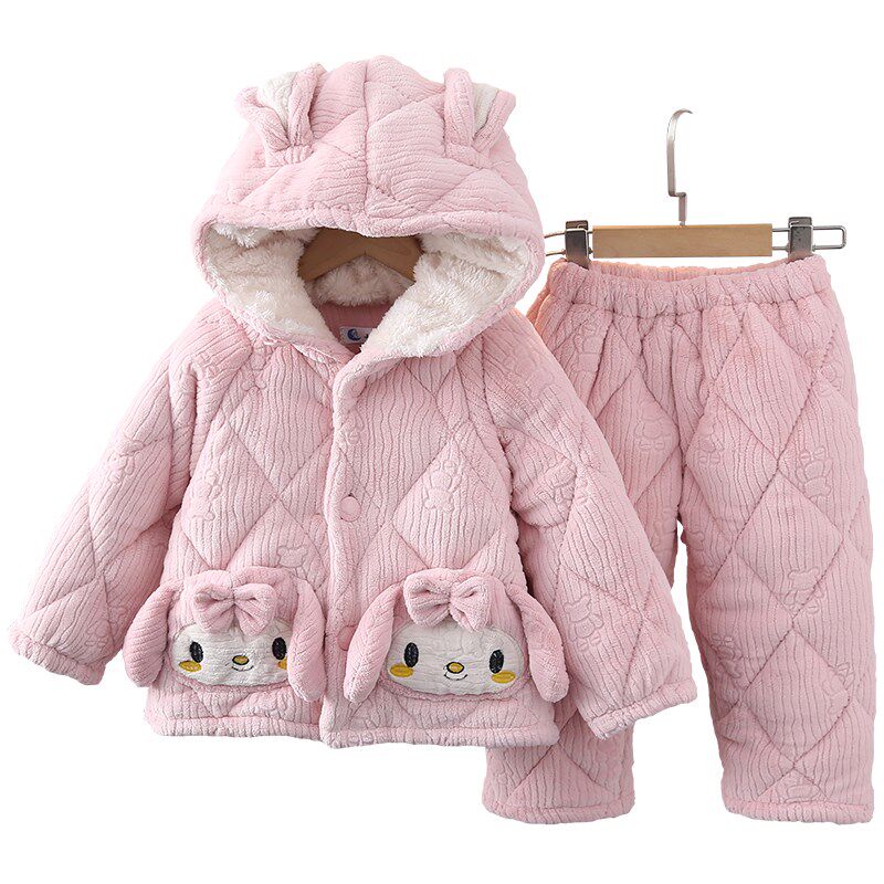冬季女童睡衣珊瑚绒加厚夹棉套装儿童初中大童卡通保暖家居服带帽
