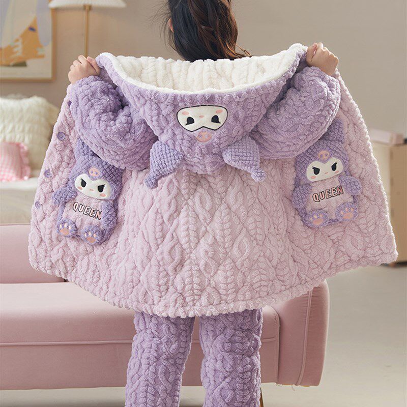 女童睡袍三层夹棉加厚款法兰绒冬季中大童女孩珊瑚绒浴袍家居服冬