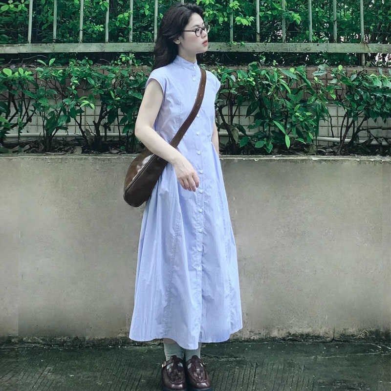复古女装夏季新款衬衫连衣裙小立领高腰显瘦宽松休闲风中长裙子