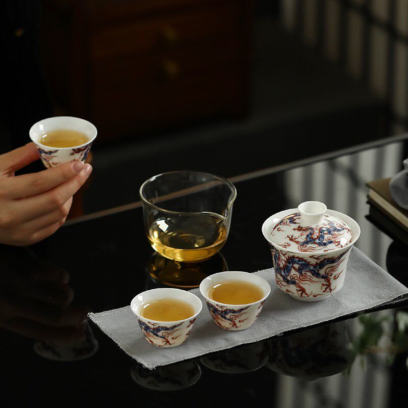 青花梵红元龙便携茶具盖碗快客杯旅行茶具一壶三杯伴手礼定制LOGO