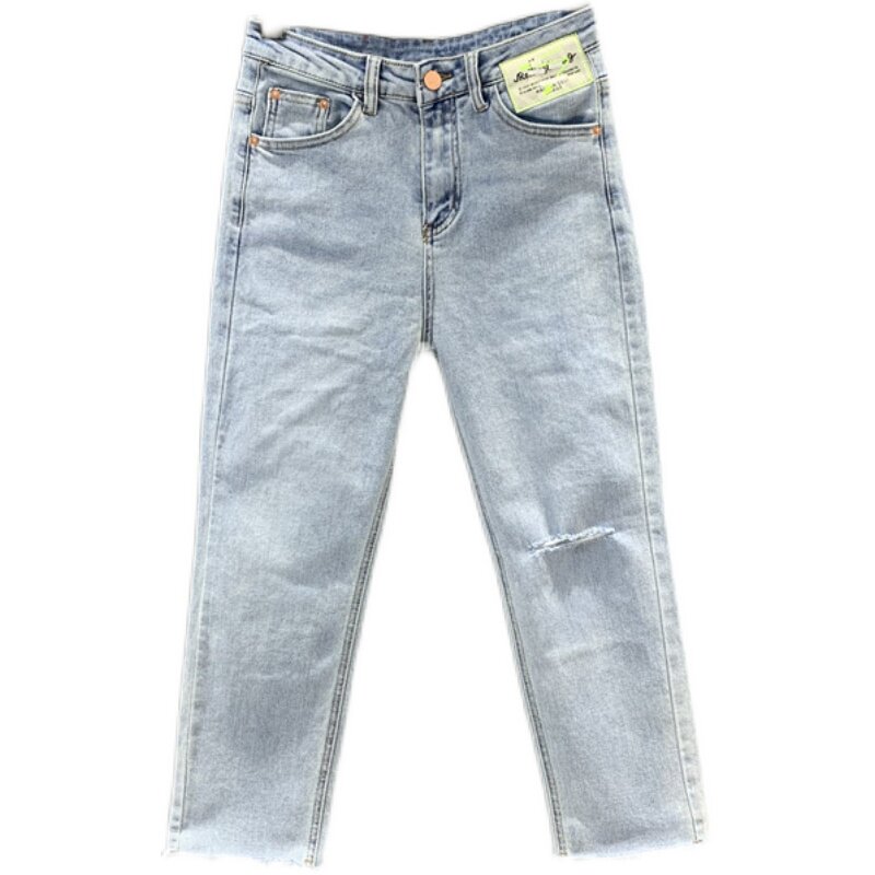 2021夏季薄款高腰牛仔烟管裤女割破小个子显高显瘦七分八分直筒裤