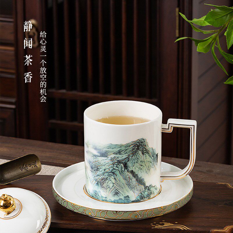 高淳陶瓷新中式江山多娇骨瓷家用盖杯茶水杯送礼办公杯高端宴会杯