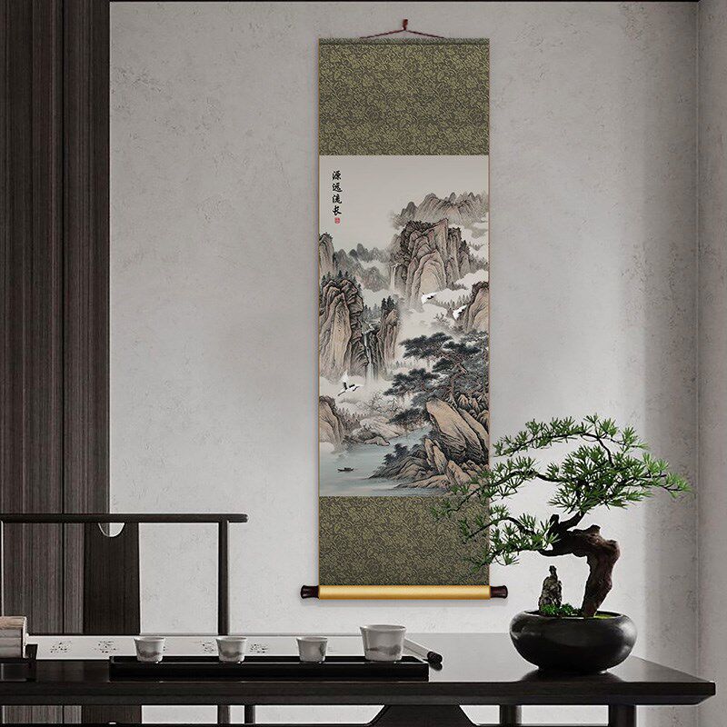 新中式山水画丝绸卷轴挂画富水长流客厅玄关装饰画餐厅书房壁画