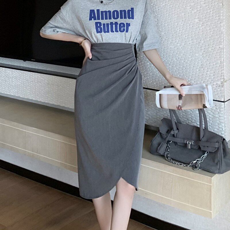 胖mm遮肚子中长款不对称抽褶开叉半身裙夏大码高腰显瘦A字包臂裙