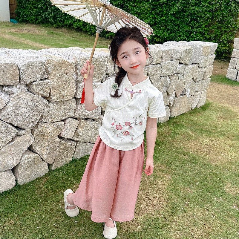 女童夏季套装2024新款汉服儿童洋气国风女宝宝夏装阔腿裙裤两件套