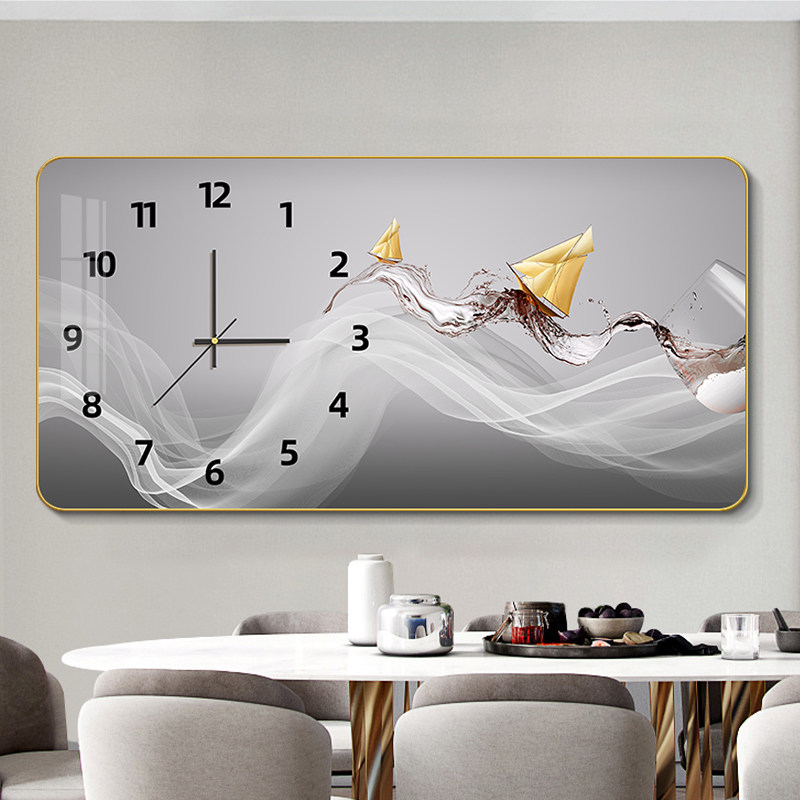 酒杯轻奢餐厅装饰画带钟表饭厅餐桌时钟挂画客厅厨房墙面挂钟壁画,家居饰品,现代装饰画,淘宝优惠券,粉丝福利购,淘宝优惠卷