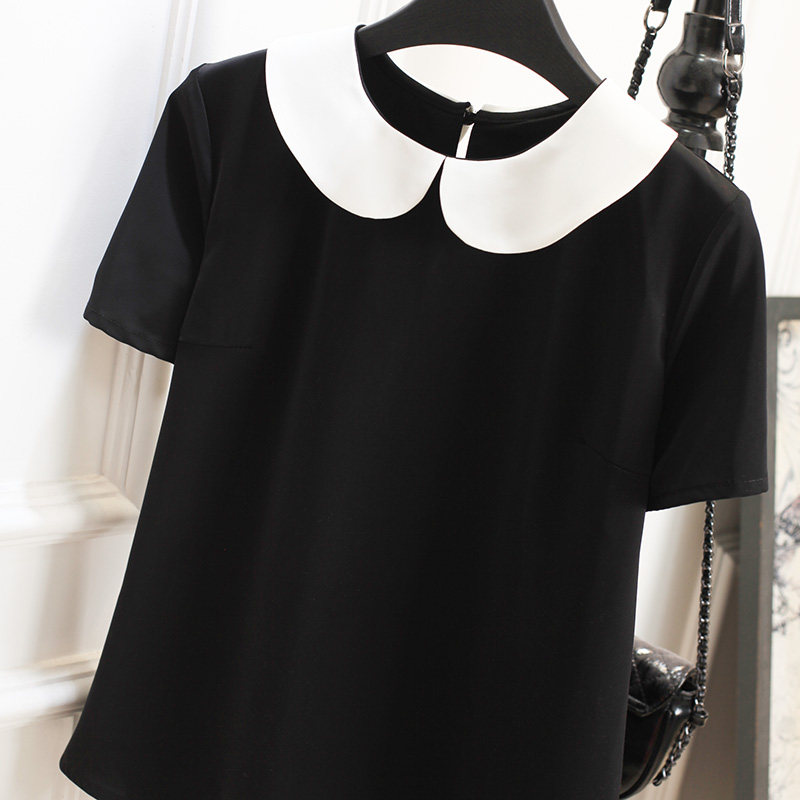 夏季娃娃领雪纺衫女短袖大码宽松显瘦黑色百搭洋气胖MM上衣设计感
