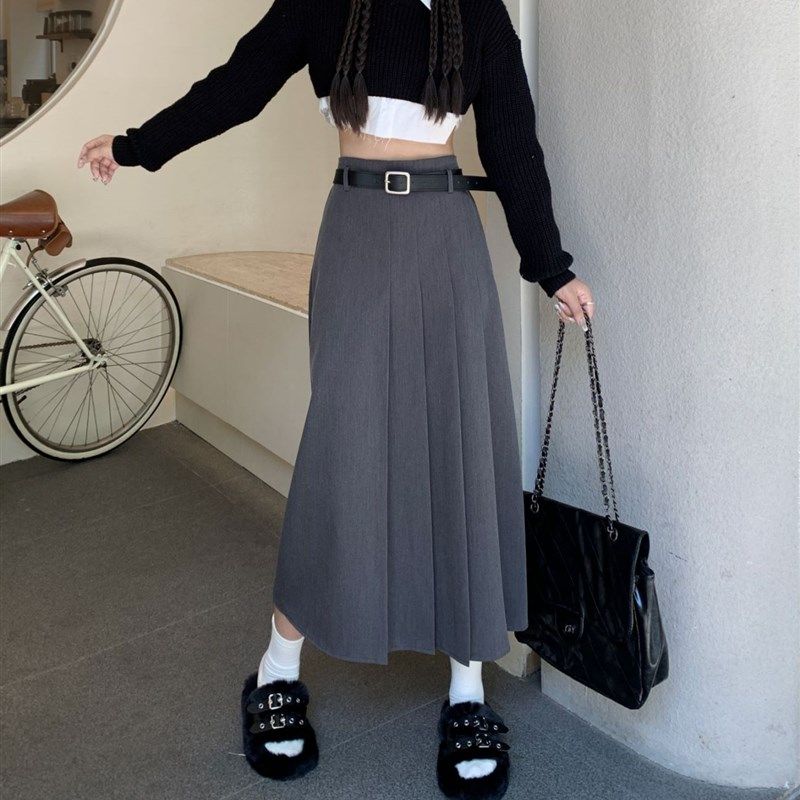 大码胖mm灰色设计感半身裙女秋季中长款气质西装垂感学生百褶长裙
