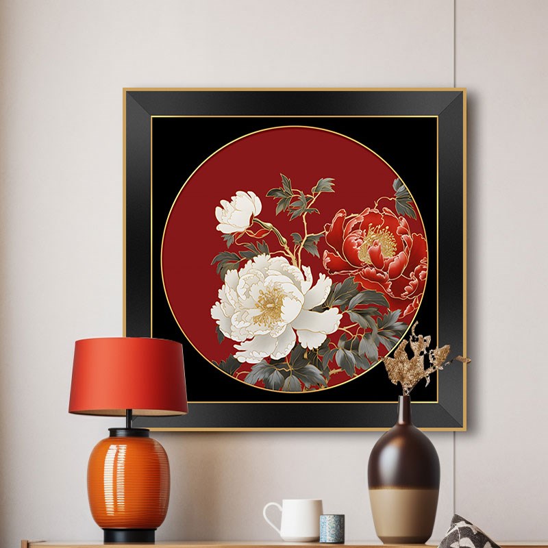 中古风牡丹花装饰画中式软装高级感轻奢沙发背景墙画餐厅包间壁画