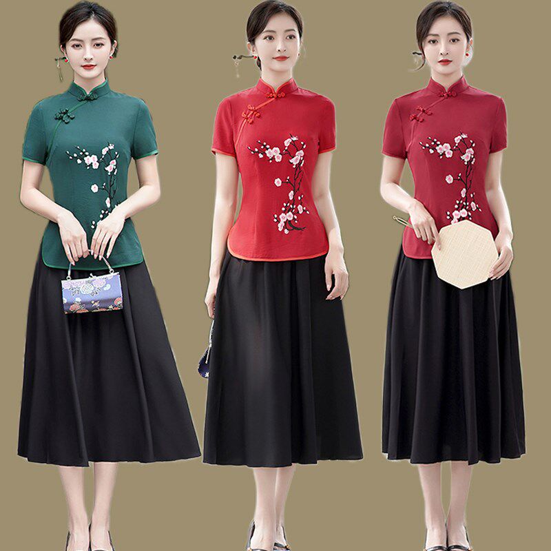 春夏改良旗袍上衣套装修身复古短袖绣花唐装女中国风半身裙两件套
