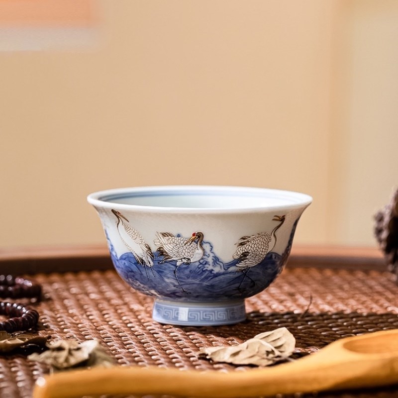 景德镇青花瓷仙鹤压手杯陶瓷手工仿古单杯个人专用主人杯高档茶杯