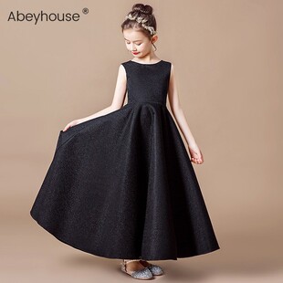 女童长款黑色晚礼服中大童钢琴演出服小女孩模特走秀学生晚会主持