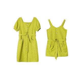 不一样闺蜜装 裙子女夏2021新款 复古方领牛油果绿连衣裙吊带连体裤