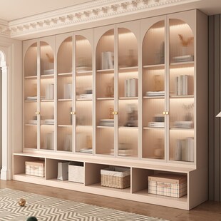 实木书柜家用带玻璃门一体整墙到顶客厅落地防尘书架组合书橱定制