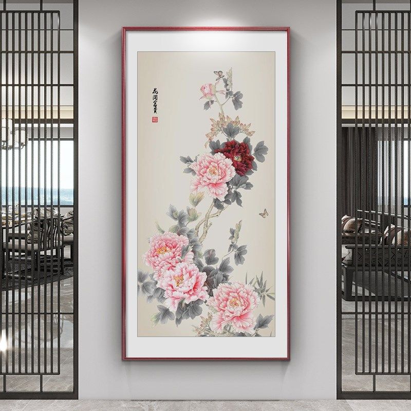 花开富贵玄关挂画新中式装饰画走廊过道大气牡丹花壁画手绘国画