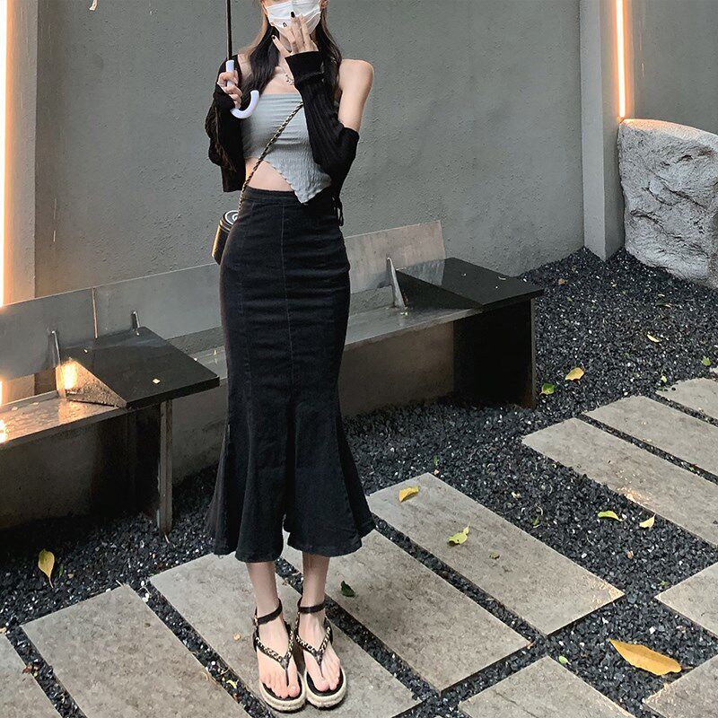 150CM小个子包臀牛仔半身裙女2022夏季新款145XXS高腰鱼尾裙子XS