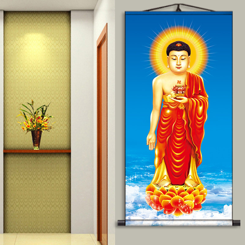 佛像挂画南无阿弥陀佛挂像西方三圣菩萨画像竖版如来卷轴装饰国画