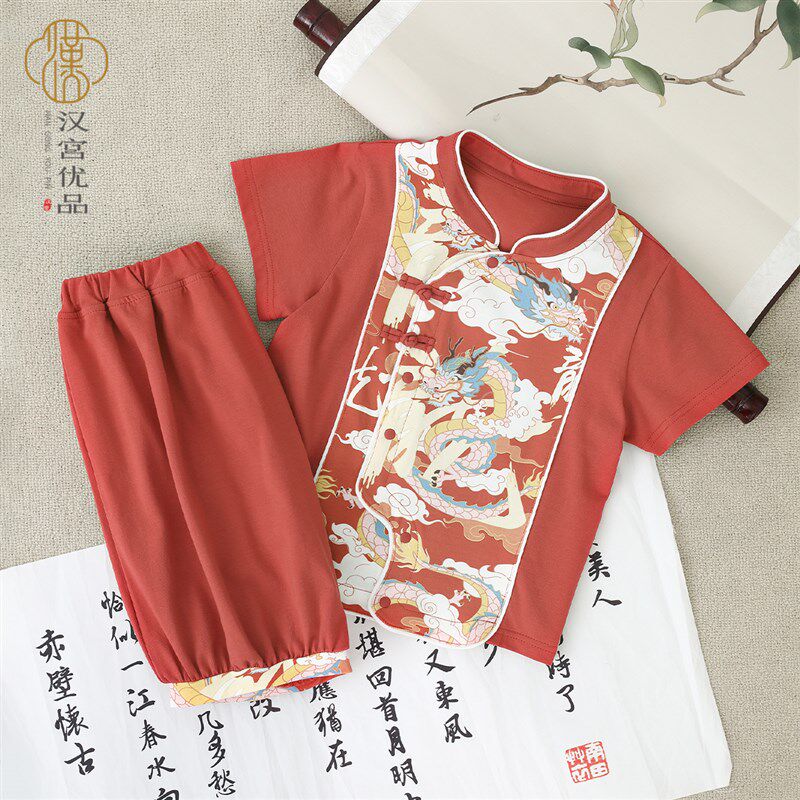 男宝宝周岁礼服龙年红色套装女宝抓周宴国风汉服婴儿衣服儿童夏装