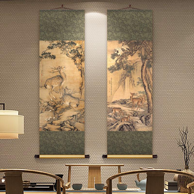 沈铨受天百禄图新中式丝绸卷轴挂画书房茶室装饰画九如图玄关壁画