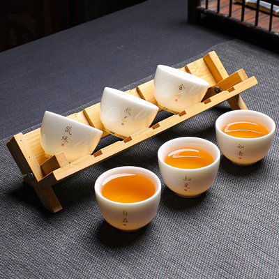 厚款陶瓷功夫小茶杯6只装带杯架 禅字羊脂玉白瓷品茗杯客人杯家用