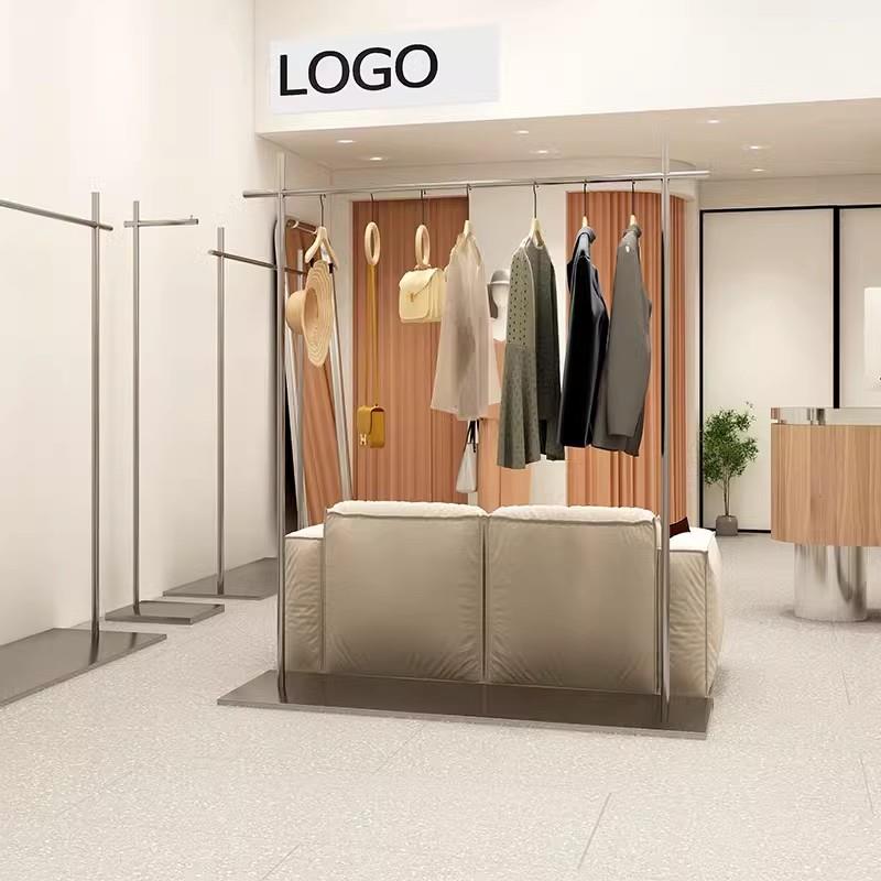 服装店展示架落地式带板不锈钢挂衣杆婚纱货架男女装店中岛侧挂架