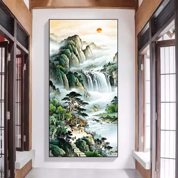 流水生财十字绣2025新款客厅卧室现代满绣山水画线绣自己绣风景绣