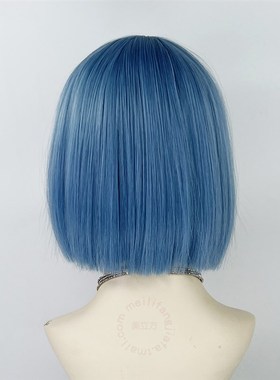蓝色短发假发一刀切女全头套亚文化lolita波波头y2k万用cos彩直发