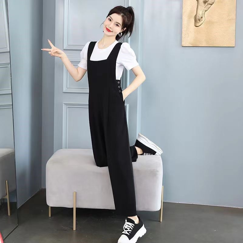 休闲背带裤套装女2024夏季新款显瘦圆领短袖T恤连体阔腿裤两件套,女装/女士精品,时尚套装,淘宝优惠券,粉丝福利购,淘宝优惠卷