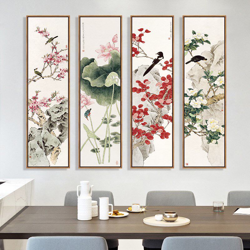 花鸟挂画荷花梅花国画禅意画四条屏客厅装饰画饭店包间壁画窄长竖