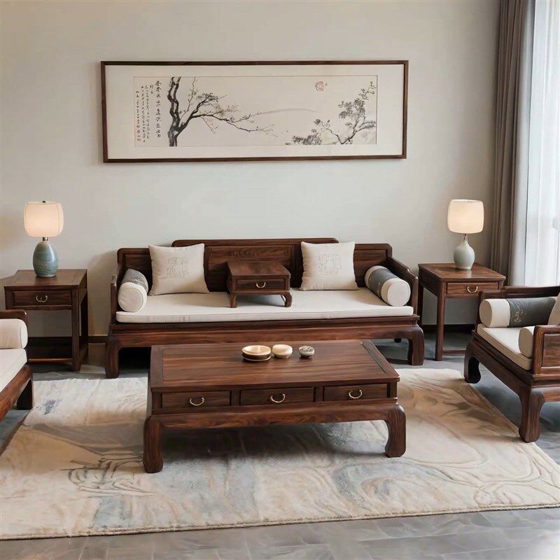 新中式罗汉床北美黑胡桃木沙发组合禅意白蜡木实木别墅客厅沙发榻