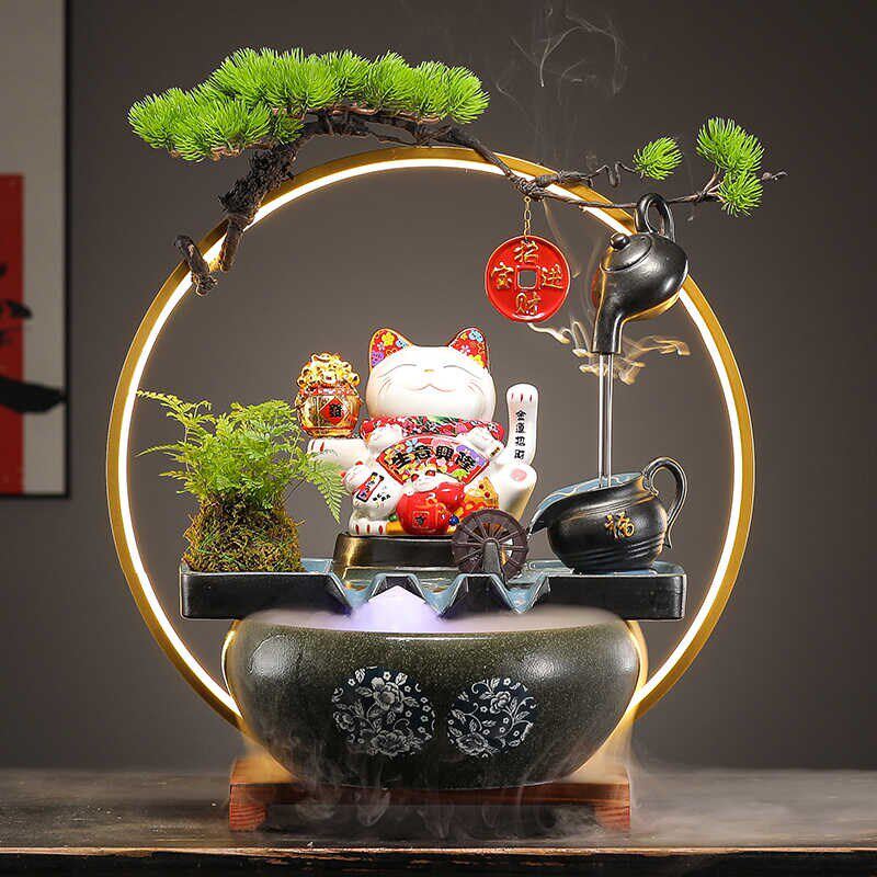 创意悬壶招财猫流水摆件乔迁开业礼物家居客厅办公室轻奢装饰摆设