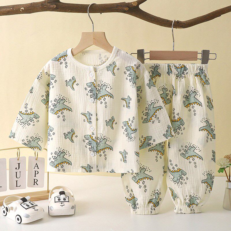 婴儿童薄款双层棉纱布睡衣夏季女童空调家居服男宝宝长袖开衫套装