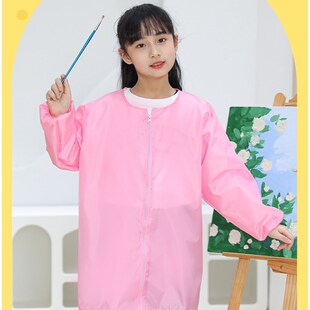轻薄款前开拉链儿童画画衣中大童防水美术罩衣中长款幼儿园吃饭衣