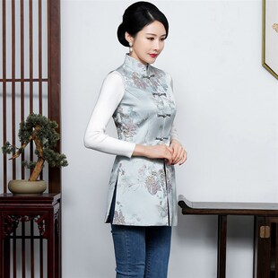 年轻款蓝色唐装女士秋冬装中式旗袍上衣背心马夹马甲中国风外套